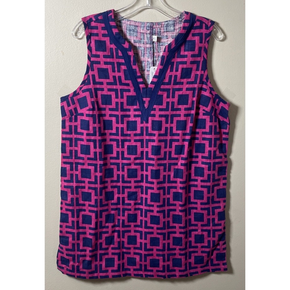 CHARMING CHARLIE Women Small pink blue geometric v-neck sleeveless tunic Top NWT